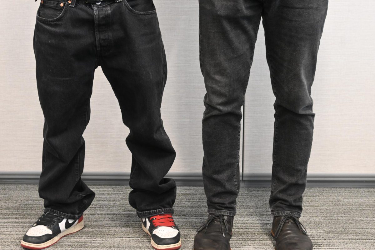 The dress code says that all pants need to be solid black, not washed. The pants on the right are not accepted. 